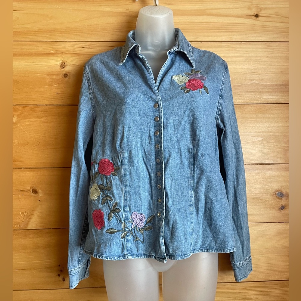 Vintage Rose Embroidered denim button up shirt